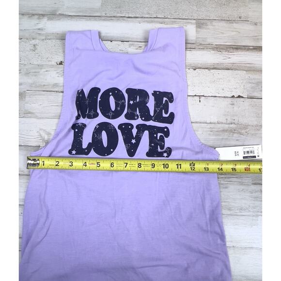 NWT No Boundaries Tank Top “MORE LOVE” Juniors Size Small Purple Cinched Back - Picture 7 of 8